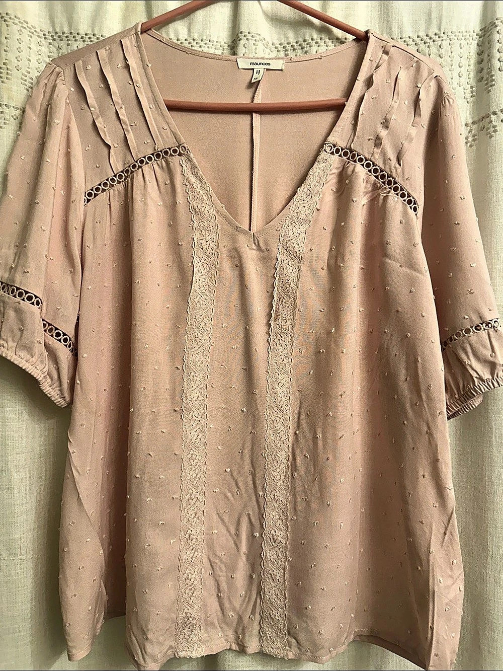 Maurices Lace Trim Swiss Dot Blouse in Pink Size XL